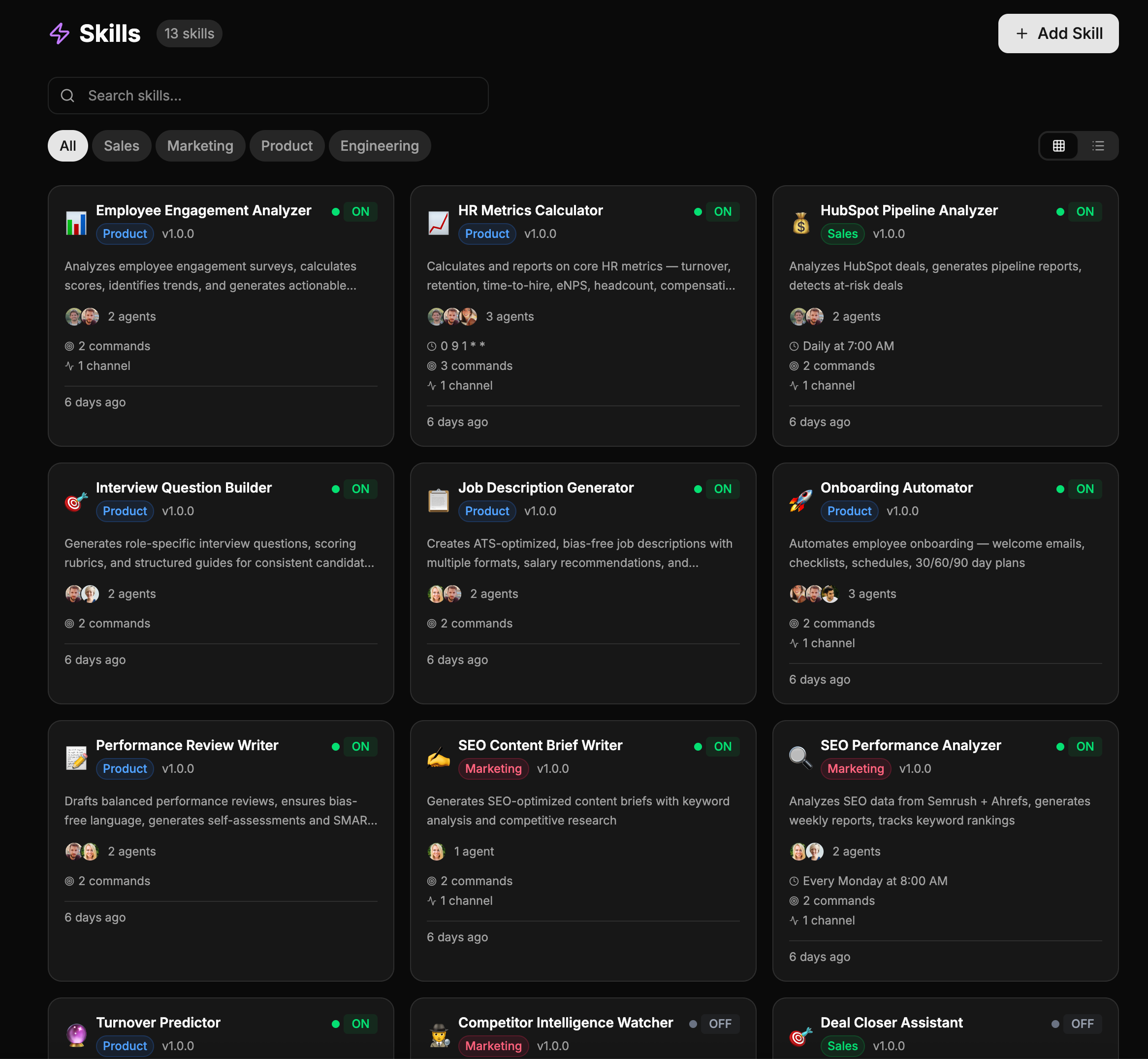 Agent skills marketplace showing installable capabilities and agent configuration