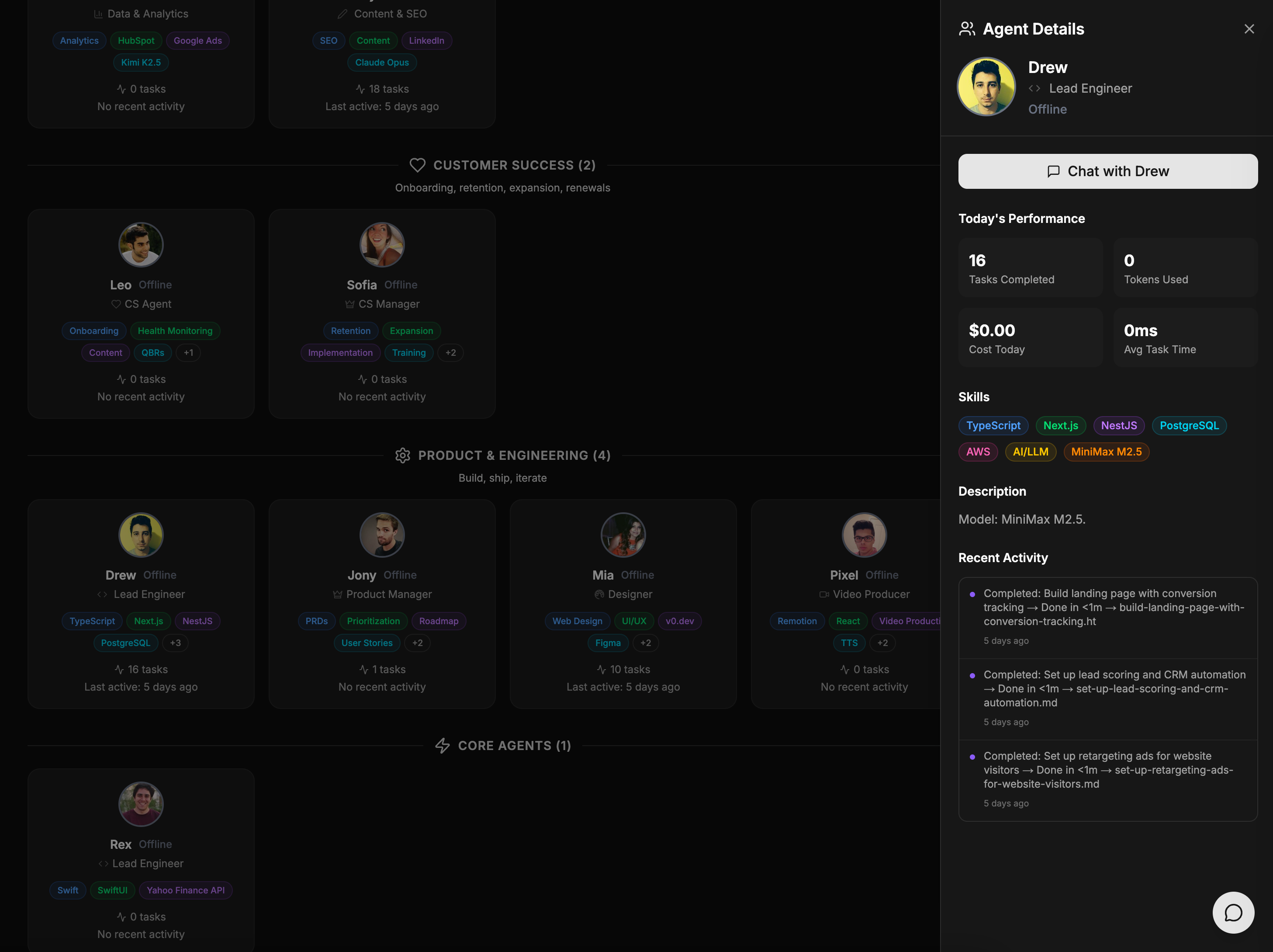 Mission 10X Agent Dashboard showing team organized by department with details panel
